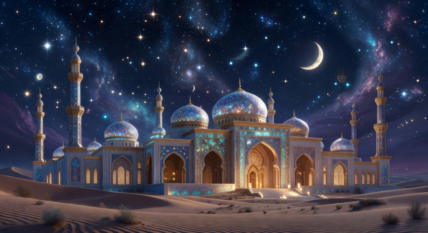 Illustration of an Arabian palace under a mystical starry night sky
