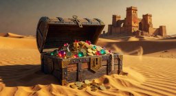Desert Treasure slot game thumbnail showing a treasure chest in sand